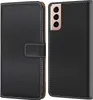 A black flip-style phone case for a Samsung Galaxy S22 is shown from two angles: the front cover closed and the back with the phone inserted. Produktbild-Vorschau