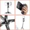 A collage of four images showing a black selfie stick-tripod with a smartphone attached, demonstrating its various features and configurations. Náhľad obrázku produktu