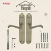 A product image showcasing a pair of bronze-colored door handles with accompanying hardware, set against a light beige background with subtle decorative elements. Produktbild-Vorschau