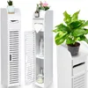 A collage of images showing a white bathroom storage cabinet with a slatted door and a compartment for toilet paper. Náhled obrázku produktu