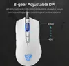 A white gaming mouse with blue LED lighting and a logo on a dark background, with text and a DPI indicator. Produktbild-Vorschau