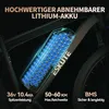 Close-up of an electric bike battery pack with text overlays highlighting features. Produktbild-Vorschau