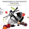 A close-up of blender blades with fruits and herbs flying around them, suggesting the blending process. Produktbild-Vorschau