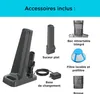 A collection of accessories for a vacuum cleaner, including a charging base, crevice tool, filter, and brush. Produktbild-Vorschau