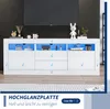 A white TV stand with LED lighting is shown in a room with a TV above it. Produktbild-Vorschau