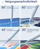 A collage of four images demonstrating the tilt sensitivity of a stylus pen on a tablet screen at different angles. Produktbild-Vorschau