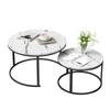 Two round coffee tables with marble-like tops and black metal frames are shown against a white background.