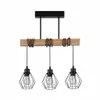 A three-light pendant chandelier with a wooden beam and black metal wire cages. Náhľad obrázku produktu