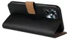 A black flip case for a smartphone is shown from the side, open and propped up. Produktbild-Vorschau