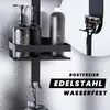A black shower organizer with bottles and a razor, with marketing text overlay. Produktbild-Vorschau