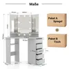 A diagram showing the dimensions of a vanity table with a mirror and drawers, along with two package boxes. Voir les images du produit
