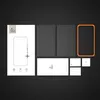 A flat lay of a product packaging and its contents, including screen protectors and cleaning accessories, arranged on a black background. Produktbild-Vorschau