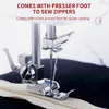 Close-up of a sewing machine needle and presser foot sewing a zipper. Produktbild-Vorschau