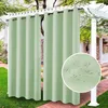 Outdoor curtains hanging from a pergola, with a close-up inset showing water droplets on the fabric. Voir les images du produit