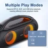 A black portable speaker with orange accents, displayed with text highlighting its multiple play modes. Podgląd zdjęcia produktu