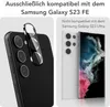 A split image showing a black Samsung Galaxy S23 FE with a camera protector on the left, and a white Samsung Galaxy S23 Ultra on the right, indicating incompatibility. Produktbild-Vorschau