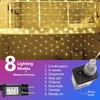 A close-up of a string of lights on a balcony, with a graphic overlay detailing lighting modes and a power adapter. Produktbild-Vorschau