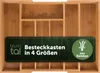 An overhead view of a bamboo cutlery organizer with a marketing banner overlaid.