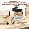 A coffee machine and its accessories are displayed on a wooden table. Produktbild-Vorschau