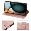 A collage of images showing a rose gold flip case for a Xiaomi Redmi A3 phone, with close-ups of the case's details. Produktbild-Vorschau