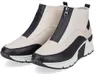 A pair of beige and black high-top sneakers with zippers. Voir les images du produit