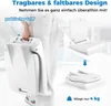 A person is holding a folded white portable seat, with other views of the seat shown in different states of folding and unfolding. Podgląd zdjęcia produktu