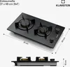 A 3D rendering of a black gas cooktop with two burners, showing dimensions. Produktbild-Vorschau