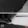 A collage of two images showing car floor mats. The top image shows a close-up of the textured surface of a black floor mat with circular indentations and a central fastening mechanism. The bottom image shows the floor mat installed in a car, with a focus  Produktbild-Vorschau
