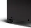 A close-up view of the bottom corner of a black appliance, showing a wheel and a screw hole. Produktbild-Vorschau