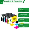 Four ink cartridges are arranged diagonally with marketing text on the right side of the image. Produktbild-Vorschau