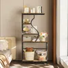 A multi-shelf unit with decorative items and books, placed next to a bed in a room. Voir les images du produit