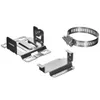 Three metal mounting brackets and a hose clamp are arranged on a white background. Produktbild-Vorschau