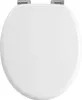 A top-down view of a closed white toilet seat with silver hinges. Produktbild-Vorschau