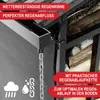 Close-up of a metal firewood rack with a gutter and a water chain, showing rain falling. Produktbild-Vorschau