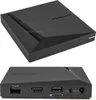 A collage of two images showing the top and back of a black media streamer device. Produktbild-Vorschau