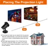 Diagram showing how to place a projection light for outdoor decoration, with examples of projected snowflakes on a house and yard. Produktbild-Vorschau