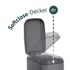 A gray trash can with its lid partially open, illustrating the soft-close feature. Produktbild-Vorschau