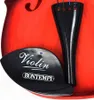 A close-up view of a red violin with a black chin rest and a black tailpiece with strings. Produktbild-Vorschau
