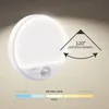 A white LED outdoor wall light with a motion sensor is shown on a textured wall. A diagram indicates a 120-degree beam angle, and a color temperature scale shows options from cool white to warm white. Produktbild-Vorschau