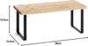A product shot of a bamboo shelf with black metal legs, with dimensions indicated by lines and text. Produktbild-Vorschau
