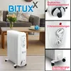 A collage showing a white oil radiator in a living room setting, along with close-ups of its features and branding. Podgląd zdjęcia produktu