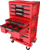 A red modular storage system with multiple drawers and compartments, shown on wheels. Podgląd zdjęcia produktu