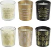 A collage of six scented candles in glass holders, some with decorative patterns and some with text. Produktbild-Vorschau