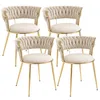 A set of four beige upholstered dining chairs with gold metal legs, arranged in a studio setting against a white background. Produktbild-Vorschau