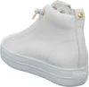 A white leather high-top sneaker is shown from a side-rear angle against a white background. Voir les images du produit