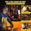 A blacksmith working at an anvil with a gas forge in the background, and inset images showing knife, farrier, and sword making. Produktbild-Vorschau