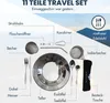 A flat lay of a camping cookware set against a mountainous landscape background. Produktbild-Vorschau