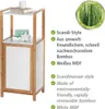 A bamboo shelf unit with a white door, featuring product features and benefits listed in German and English. Produktbild-Vorschau