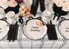 Happy Birthday Pappteller 24cm mit Schleife 6er Set Ivory Schwarz Anteprima dell’immagine prodotto