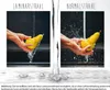Two side-by-side images showing a pear being washed under a faucet. The left side shows a laminar stream of water, and the right side shows a normal, splashing stream. Podgląd zdjęcia produktu